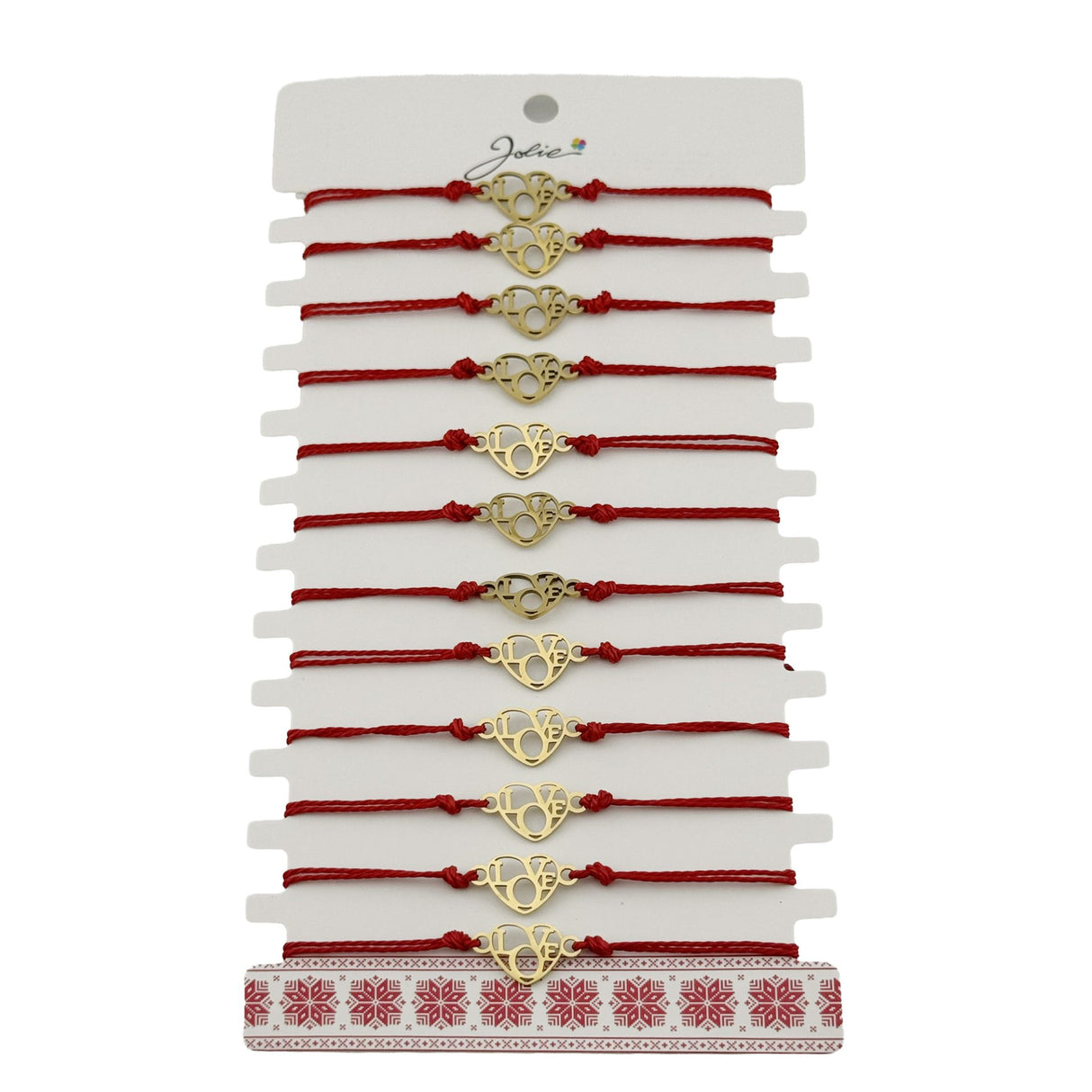 Bratara Martisor pentru Dama, Jolie, Model Love, Set 12 bucati, Pandativ din Inox Auriu, Snur Ajustabil Impletit, Rosu - vivimall.ro