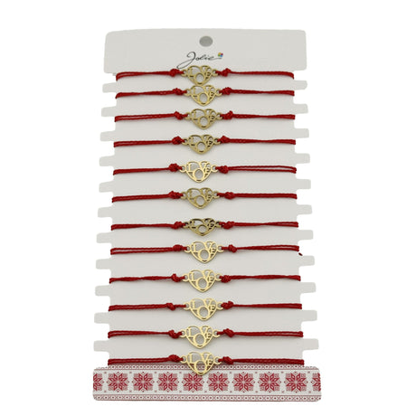 Set 12 brățări mărțișor Jolie Model Love, pandantiv inox auriu și șnur roșu împletit, vedere de ansamblu