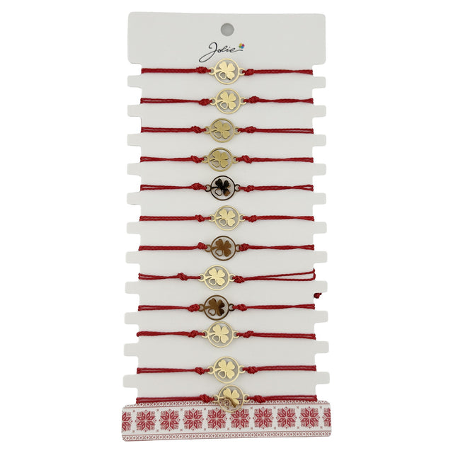 Bratara Martisor pentru Copii, Jolie, Model Trifoi cu Inima pe Petala, Set 12 bucati, Pandativ Auriu din Inox cu Snur Rosu Ajustabil - vivimall.ro