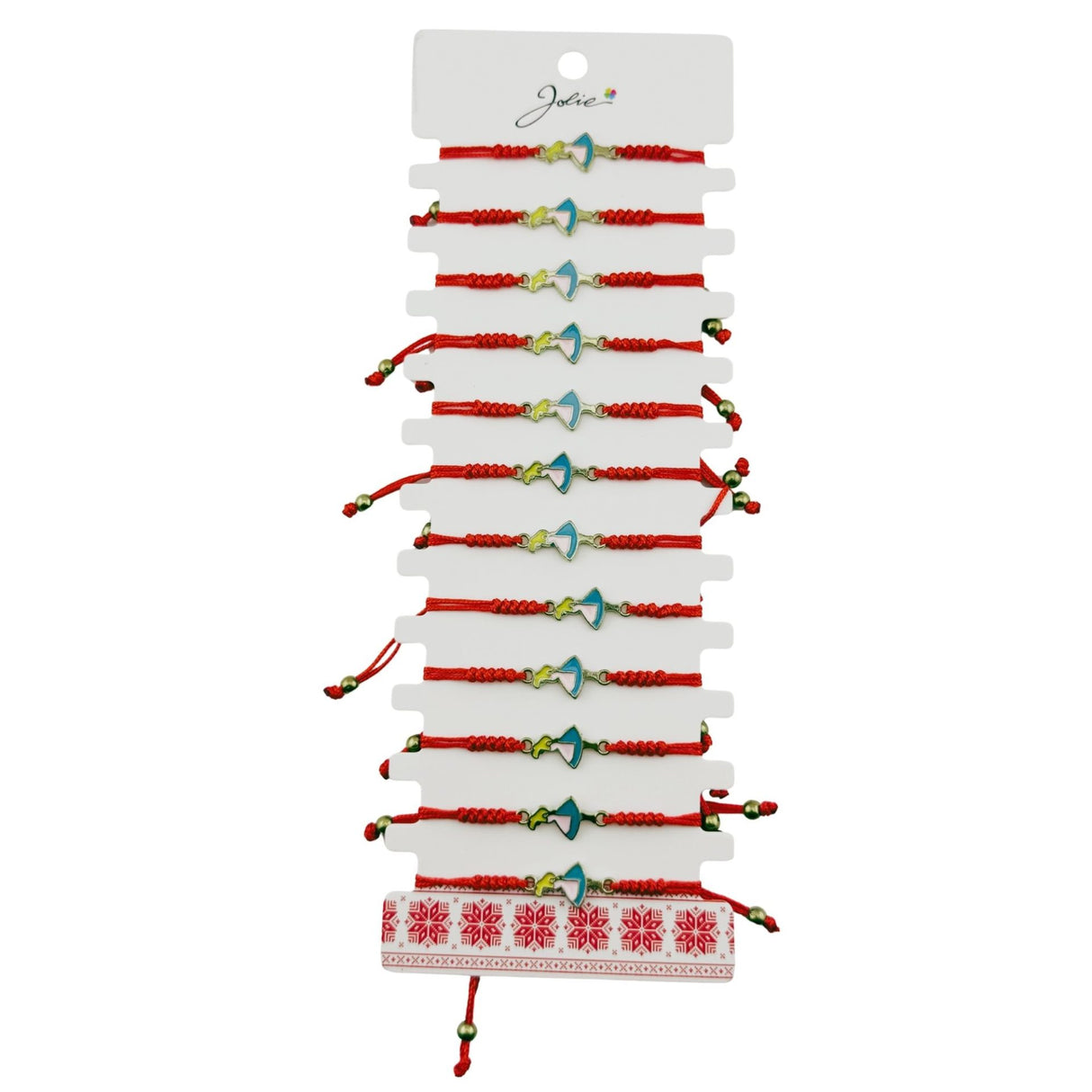 Martisor Bratara pentru Dama si Copii, Jolie, Model Fetita cu Pasare, Set 12 bucati, Pandantiv Emailat, Snur Reglabil, Rosu/Multicolor - vivimall.ro