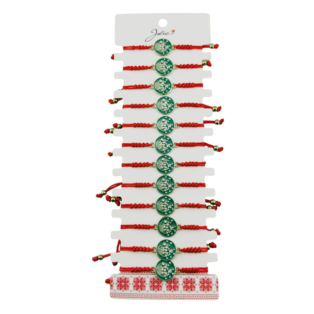 Martisor Bratara pentru Dama si Copii, Jolie, Model Lacramioare de Primavara, Set 12 bucati, Pandantiv Emailat Rotund, Snur Reglabil, Rosu/Verde - vivimall.ro