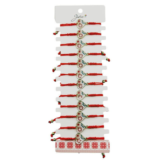 Martisor Bratara pentru Dama si Copii, Jolie, Model Inima cu Flori de Primavara, Set 12 bucati, Pandantiv Emailat, Snur Reglabil, Rosu/Multicolor - vivimall.ro