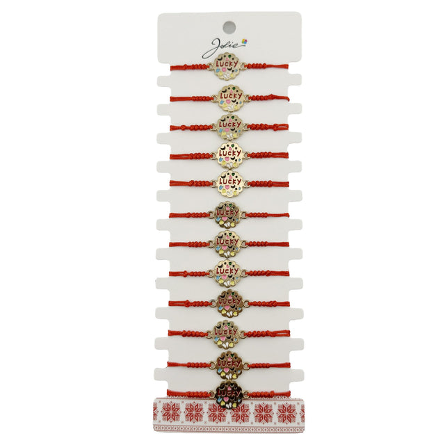 Bratara Martisor pentru Dama, Jolie, Model Lucky, Set 12 bucati, Pandativ din Inox Auriu, Snur Ajustabil Impletit, Rosu - vivimall.ro