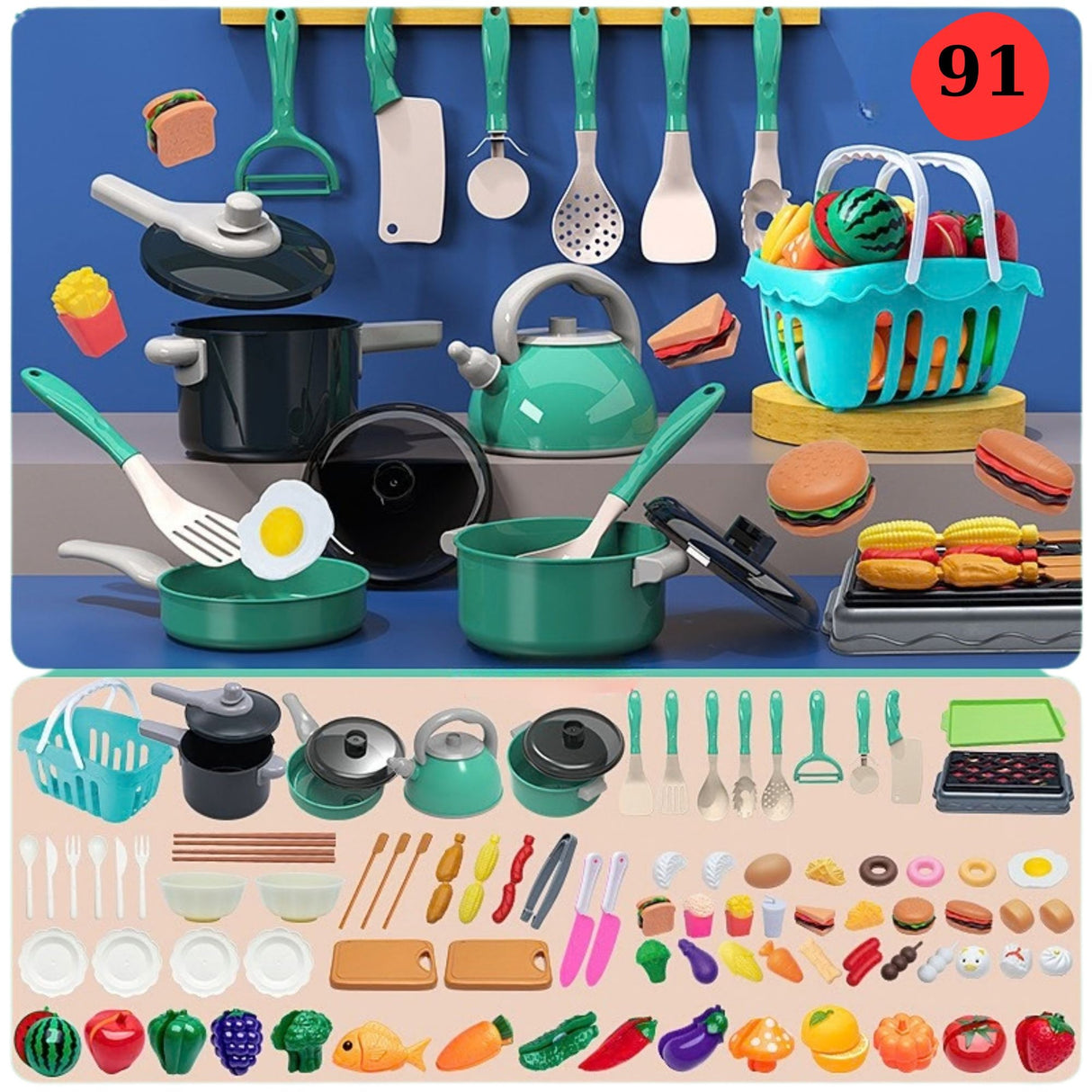 Set bucătărie de jucărie Flippy 91 piese multicolor pentru copii 3+ ani, vedere de ansamblu