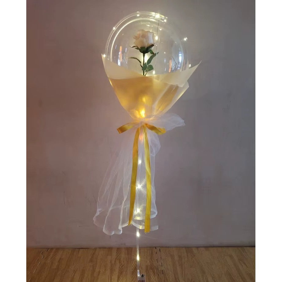 Set Buchet Decorativ, Vivimall, Trandafir in Balon cu Lumini Led, Diametru 35 cm, 2 x Baterii AA (neincluse), Sampanie - vivimall.ro