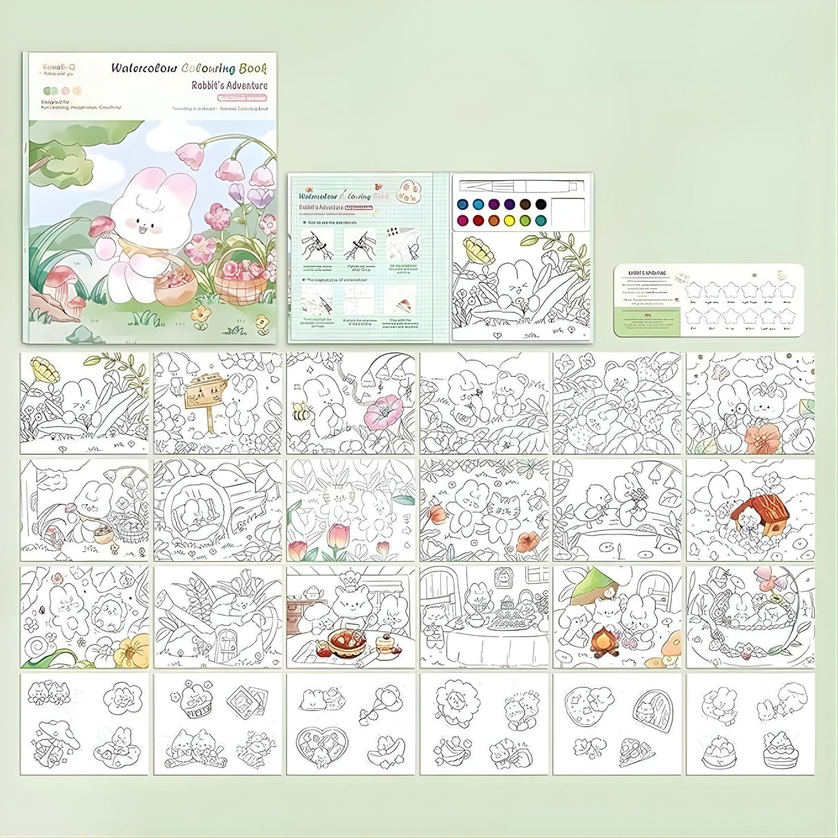 Set Carte de Colorat cu Acuarela, Flippy, Model Iepure, 20 Foi de Carton 200 gr, 12 Culori, 1 Pensula, 15.7 x 18.8 x 1.8 cm, Alb - vivimall.ro