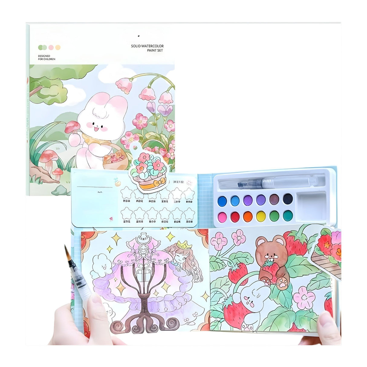 Set Carte de Colorat cu Acuarela, Flippy, Model Iepure, 20 Foi de Carton 200 gr, 12 Culori, 1 Pensula, 15.7 x 18.8 x 1.8 cm, Alb - vivimall.ro