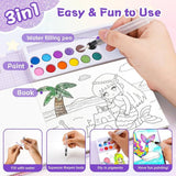 Set Carte de Colorat cu Acuarela, Flippy, Model Sirena, 20 Foi de Carton 200 gr, 12 Culori, 1 Pensula, 15.7 x 18.8 x 1.8 cm, Roz - vivimall.ro