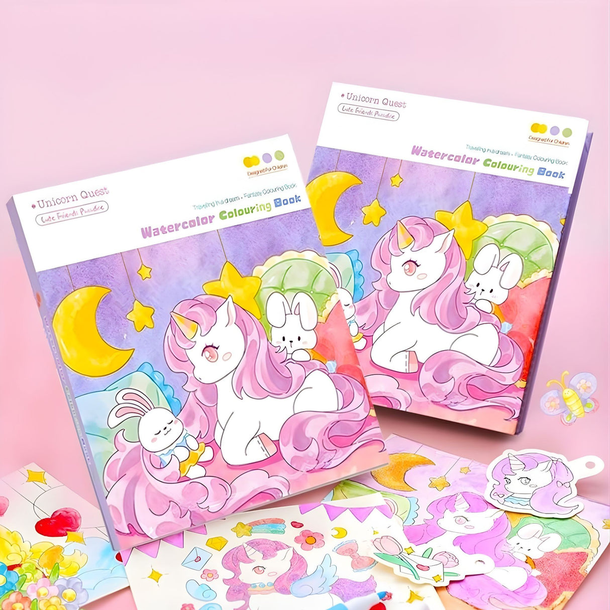Carte de colorat Flippy Unicorn deschisa, ilustratie unicorn colorata cu acuarele, format compact