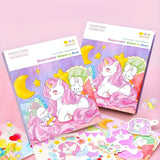Carte de colorat Flippy Unicorn deschisa, ilustratie unicorn colorata cu acuarele, format compact