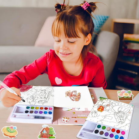 Set Carte de Colorat cu Acuarela, Flippy, Model Printesa, 20 Foi de Carton 200 gr, 12 Culori, 1 Pensula, 15.7 x 18.8 x 1.8 cm, Roz deschis