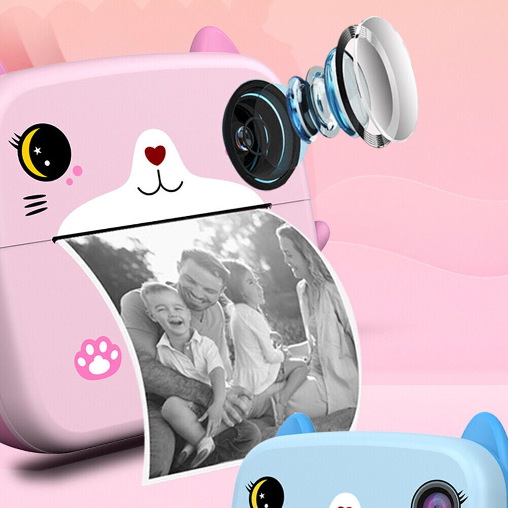 Set Camera Instantanee pentru Copii, Flippy, Ecran HD 2.4'', 24MP, 720P Video, 1200 mAh, cu Functie de Printare Alb-Negru, cablu USB-C, Bluetooth, Compatibil iOS/Android, Imprimare APP, Model Kitty, Roz - vivimall.ro