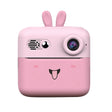 Aparat foto instant pentru copii model Iepure roz, vedere frontală, ecran HD 2.4 inch, 24MP