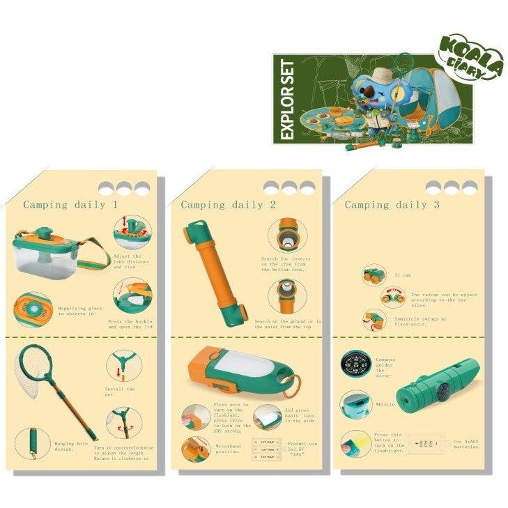 Set Camping Micutul Explorator Pentru Exterior, 3 Accesorii Vestimentare, 9 Ustensile De Joaca, 8 Carti Educative Cu Insecte, +3 Ani