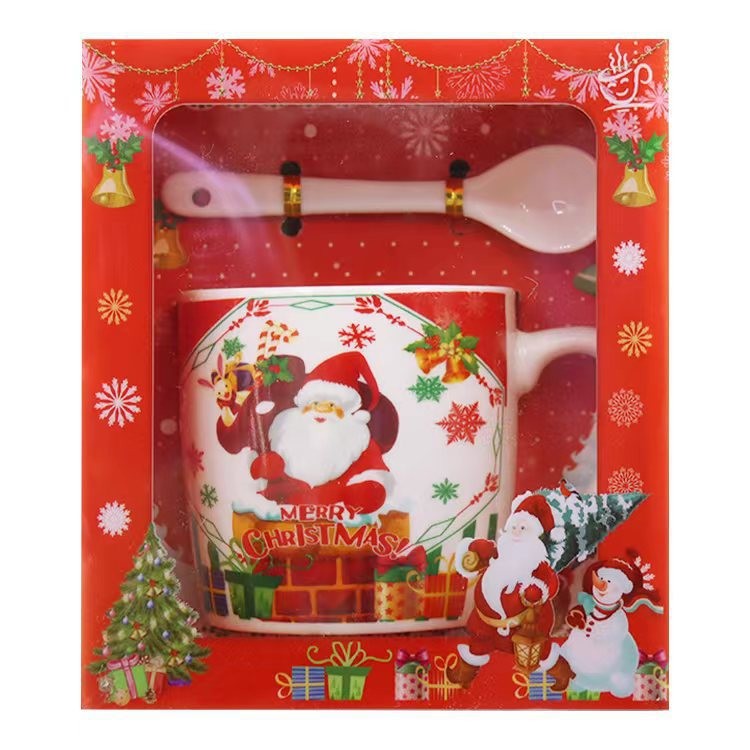 Set Cana Ceramica Cu Lingurita 200 Ml, Tematica Mos Craciun Cu Sac De Cadouri - vivimall.ro