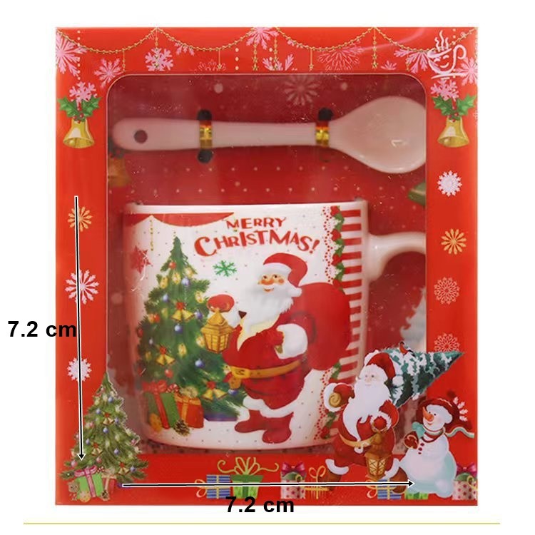 Set Cana Ceramica Cu Lingurita 200 Ml, Tematica Mos Craciun Cu Brad - vivimall.ro