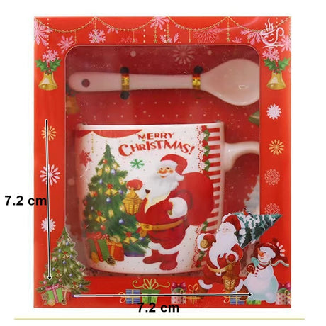 Set cana ceramica cu lingurita Flippy, 200 ml, tematica Mos Craciun cu brad, alb