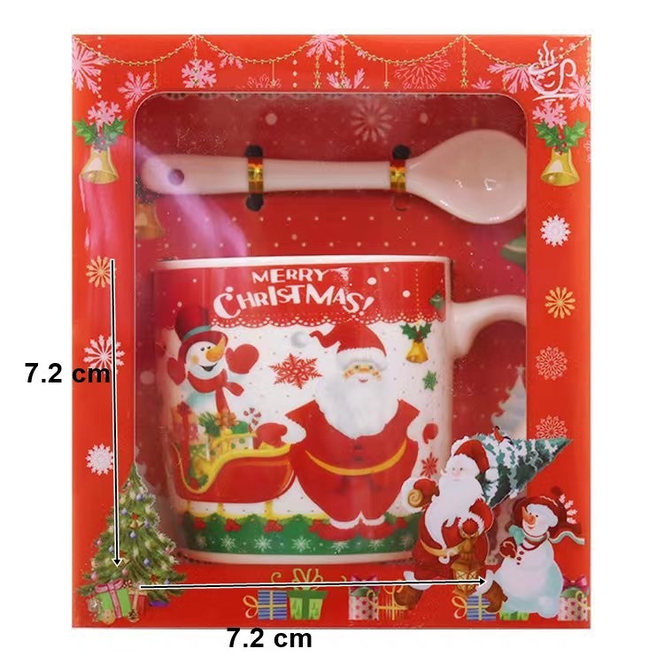 Set Cana Ceramica Cu Lingurita 200 Ml, Tematica Mos Craciun Cu Sanie - vivimall.ro