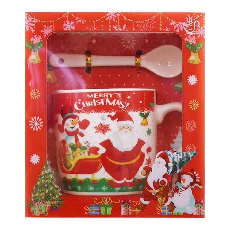 Set Cana Ceramica Cu Lingurita 200 Ml, Tematica Mos Craciun Cu Sanie - vivimall.ro