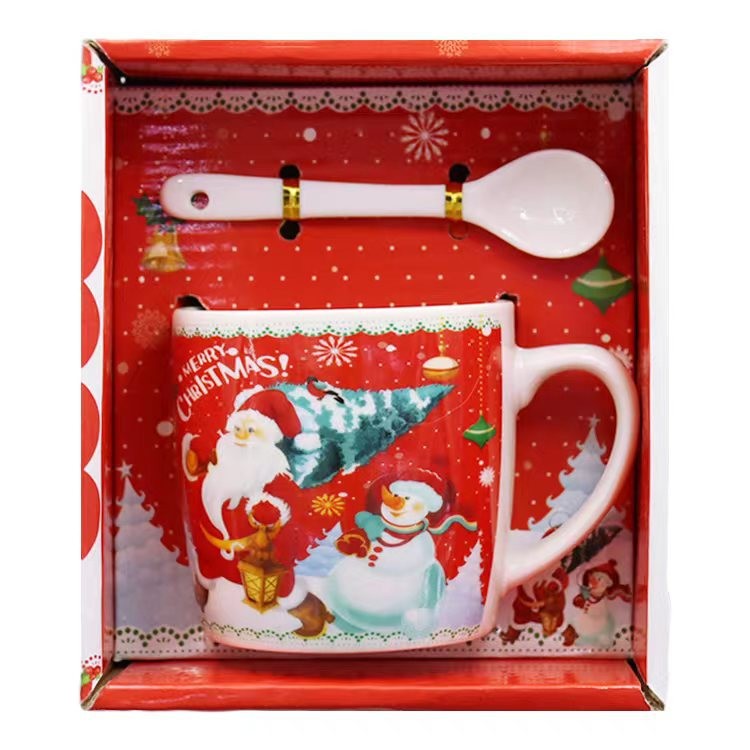 Set Cana Ceramica Cu Lingurita 200 Ml, Tematica Mos Craciun - vivimall.ro