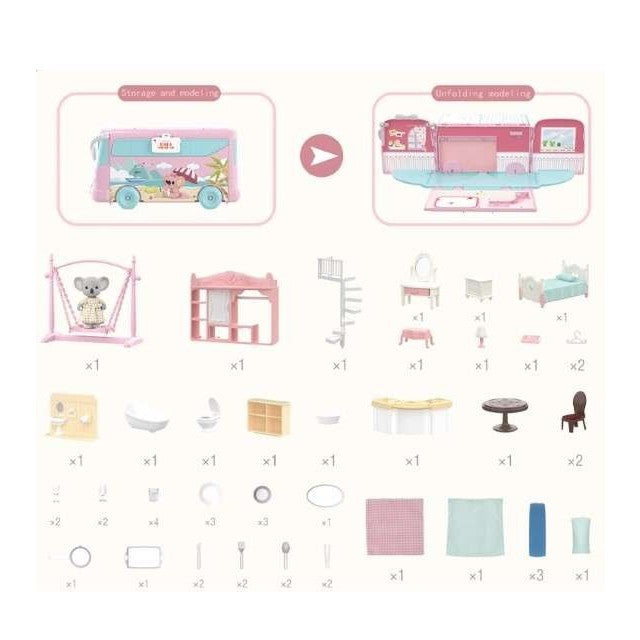 Set Casa De Papusi Tip Van, 2 In 1 Autobuz Si Casa, 43 Accesorii Si Mobilier, +3 Ani
