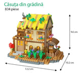 Detaliu piese ABS multicolor din setul de construcție Flippy Forest Log Cabin, 834 bucăți