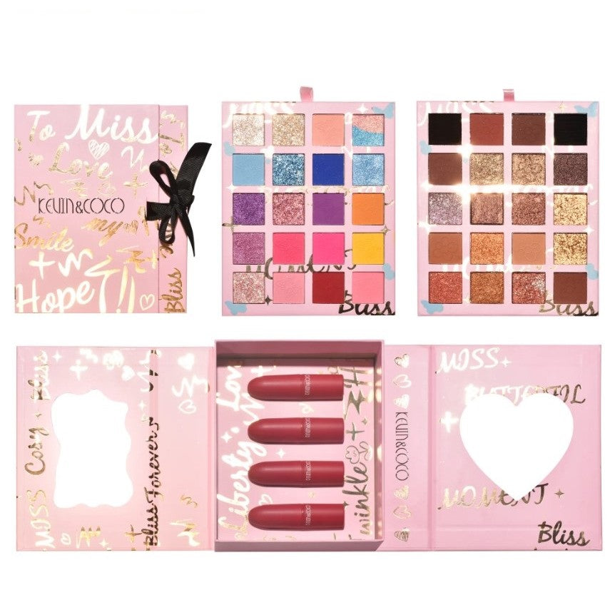 Set cosmetice Kevin&Coco, 4 Lip gloss, paleta farduri 40 culori nuante nude / rose, cutie cadou, Fara Sulfati, Pudra Compacta, Clasic, 17 x 14 x 5 cm, multicolor - vivimall.ro
