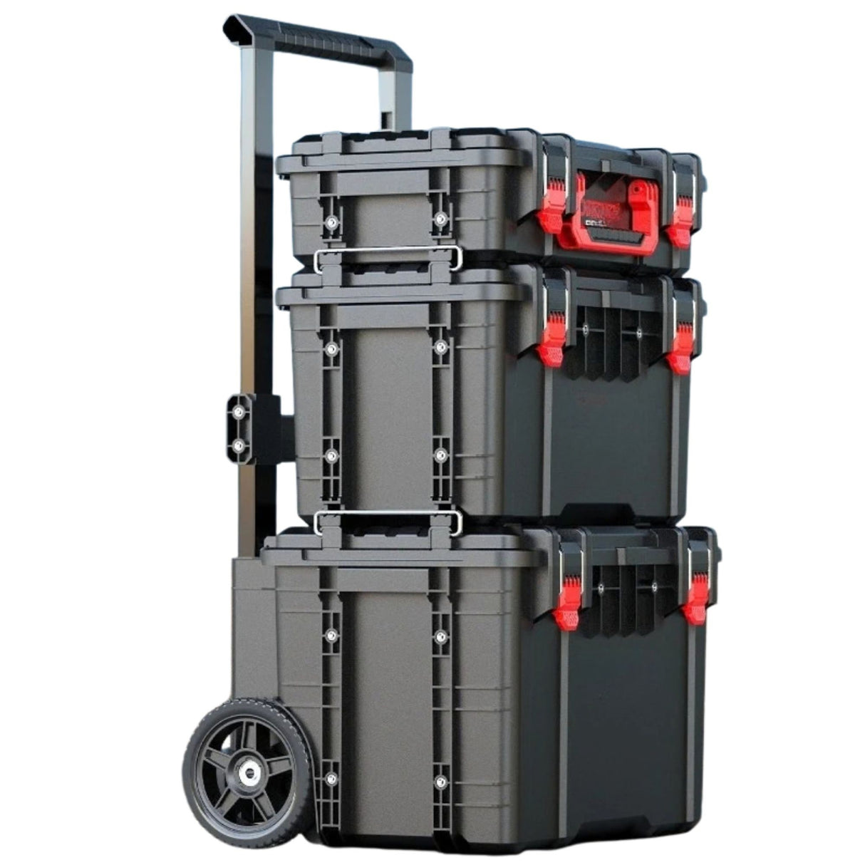 Set Cutii pentru Scule, Flippy, Organizator pe Roti tip Troller, 3 Piese, Modular, Maner Telescopic, Protectie IP65, 56 x 47.5 x 65 cm, Negru - vivimall.ro