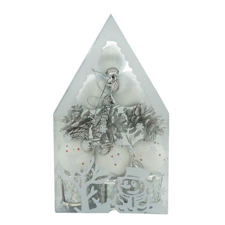 Set de 12 ornamente de brad, Flippy, de tip Glob, Alb/ Argintiu, din polistiren, cu finisaj sclipitor , cutie  4  cm adancime x 20  cm inaltime x 12  cm lungime) - vivimall.ro