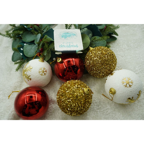 Set de 12 ornamente de brad, Flippy, de tip Glob, Alb/ Rosu, din polistiren, cu finisaj sclipitor , cutie  8  cm adancime x 32  cm lungime x 24  cm inaltime - vivimall.ro