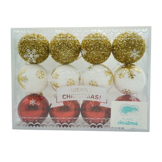 Set de 12 ornamente de brad, Flippy, de tip Glob, Alb/ Rosu, din polistiren, cu finisaj sclipitor , cutie  8  cm adancime x 32  cm lungime x 24  cm inaltime - vivimall.ro