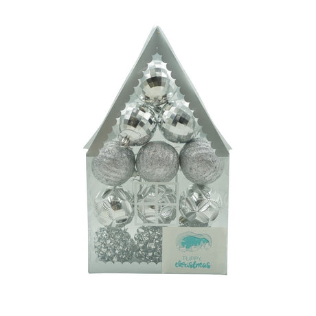 Set de 12 ornamente de brad, Flippy, de tip Glob, Argintiu, din plastic, cu finisaj sclipitor , cutie  6  cm adancime x 30  cm inaltime x 18  cm lungime) - vivimall.ro