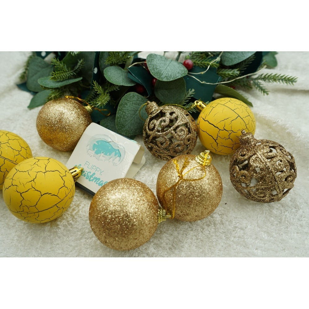 Set De 12 Ornamente De Brad, De Tip Glob, Auriu/, Din Plastic, Cu Finisaj Sclipitor, Cutie 6 Cm Adancime X 30 Cm Inaltime X 18 Cm Lungime)