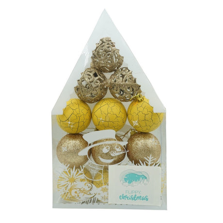 Set de 12 ornamente de brad, Flippy, de tip Glob, Auriu/ Galben, din plastic, cu finisaj sclipitor , cutie  6  cm adancime x 30  cm inaltime x 18  cm lungime) - vivimall.ro