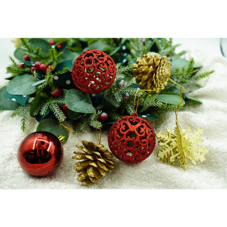 Set de 12 ornamente de brad, Flippy, de tip Glob, Rosu/ Auriu, din plastic, cu finisaj sclipitor , cutie  6  cm adancime x 23  cm lungime x 18  cm inaltime - vivimall.ro