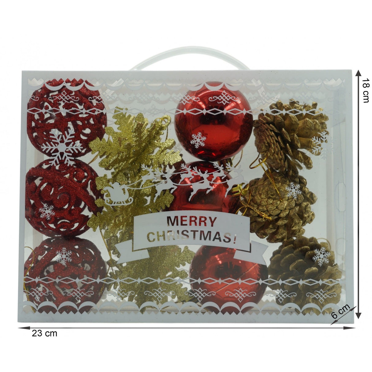 Set de 12 ornamente de brad, Flippy, de tip Glob, Rosu/ Auriu, din plastic, cu finisaj sclipitor , cutie  6  cm adancime x 23  cm lungime x 18  cm inaltime - vivimall.ro