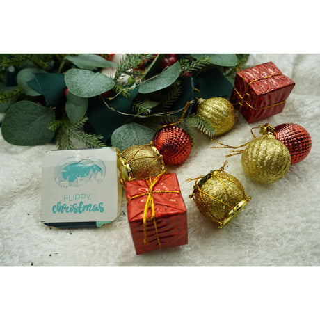 Set de 12 ornamente de brad, Flippy, de tip Glob, Rosu/ Auriu, din polistiren, cu finisaj sclipitor , cutie  4  cm adancime x 20  cm inaltime x 12  cm lungime) - vivimall.ro