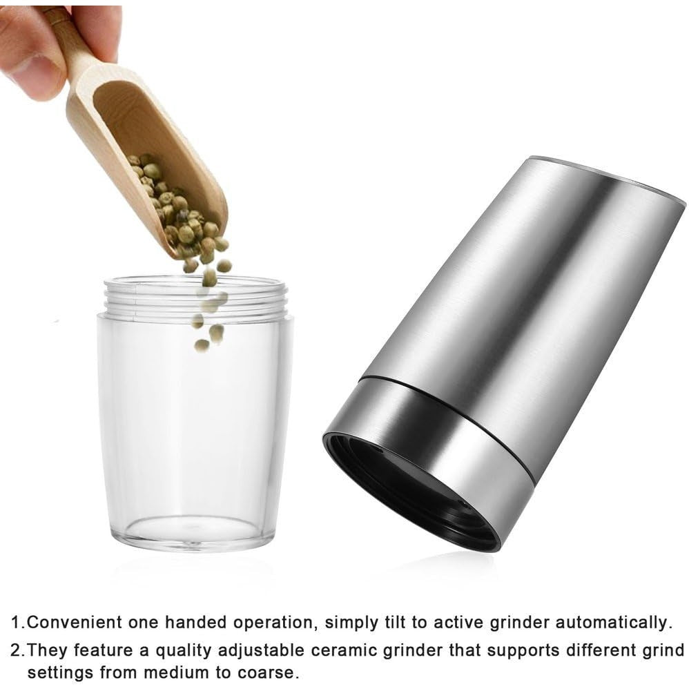 Set de 2 Rasnite electrice de Sare si Piper, Vivimall, cu Camere Depozitare Transparente, Macinare, Functionare pe Baterii, cu Lumina, ABS, 20x6.5 cm, Argintiu/Transparent - vivimall.ro