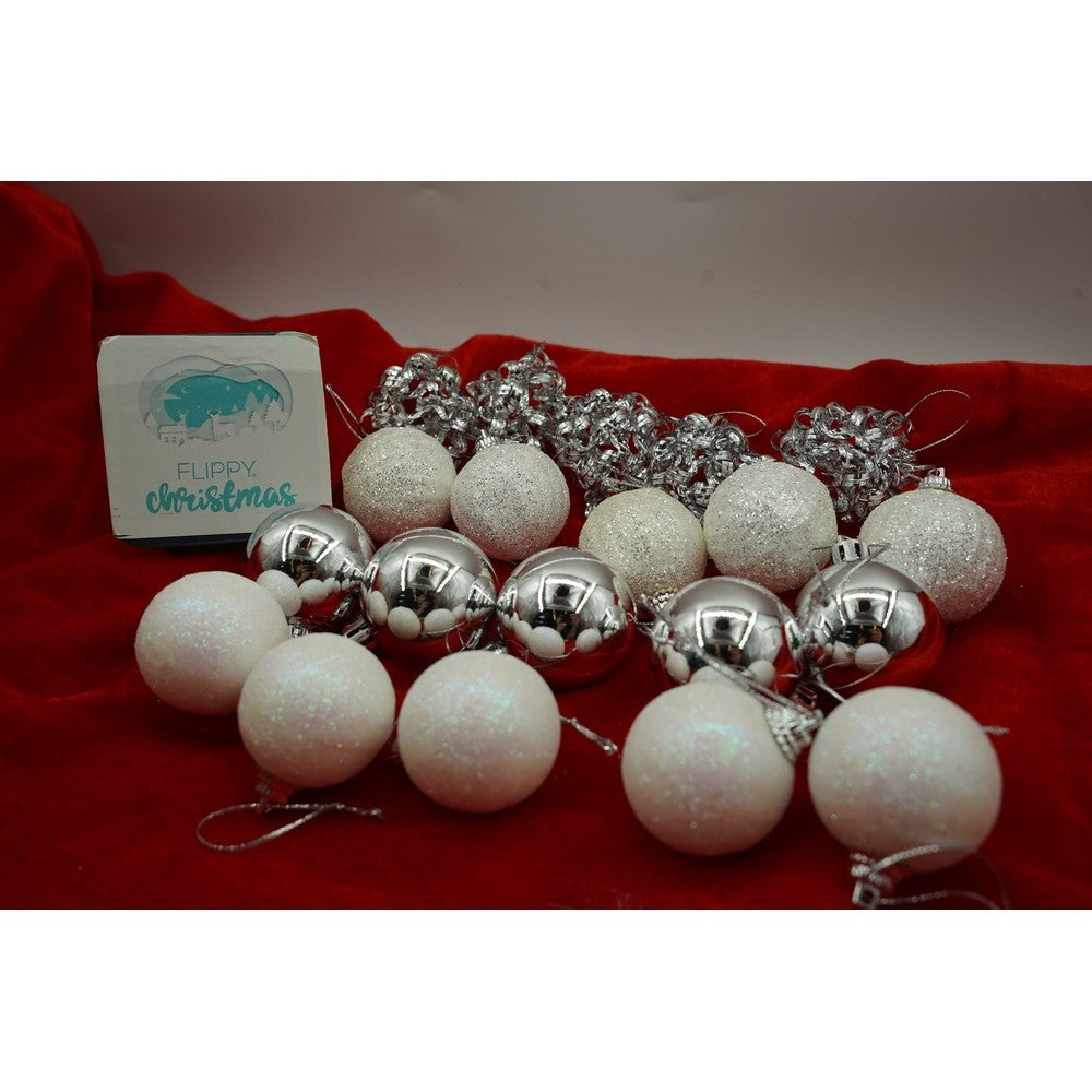 Set De 20 Ornamente De Brad, De Tip Glob, Alb/, Din Polistiren, Cu Finisaj Sclipitor, Cutie 4 Cm Adancime X 20 Cm Lungime X 16 Cm Inaltime
