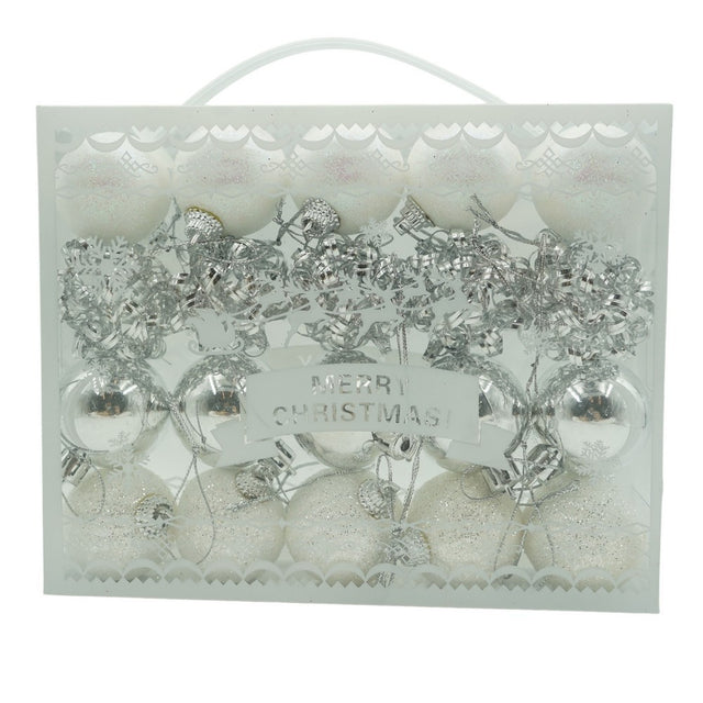 Set de 20 ornamente de brad, Vivimall, de tip Glob, Alb/ Argintiu, din polistiren, cu finisaj sclipitor , cutie  4  cm adancime x 20  cm lungime x 16  cm inaltime - vivimall.ro