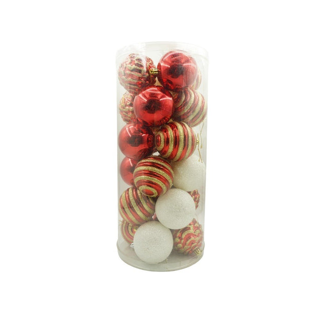 Set De 24 Ornamente De Brad, De Tip Glob, / Rosu, Cu Ã¸ De 7 Cm, Din Plastic, Cu Finisaj Sclipitor , Cutie 16 Cm Lungime X 36 Cm Inaltime X 16 Cm Adancime, Resigilat - vivimall.ro