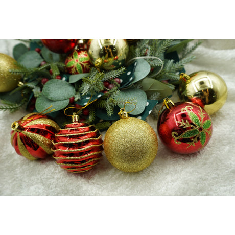 Set de 24 ornamente de brad, Flippy, de tip Glob, Rosu/ Auriu, cu ø de 7 cm, din plastic, cu finisaj sclipitor , cutie  16  cm lungime x 36  cm inaltime x 16  cm adancime - vivimall.ro
