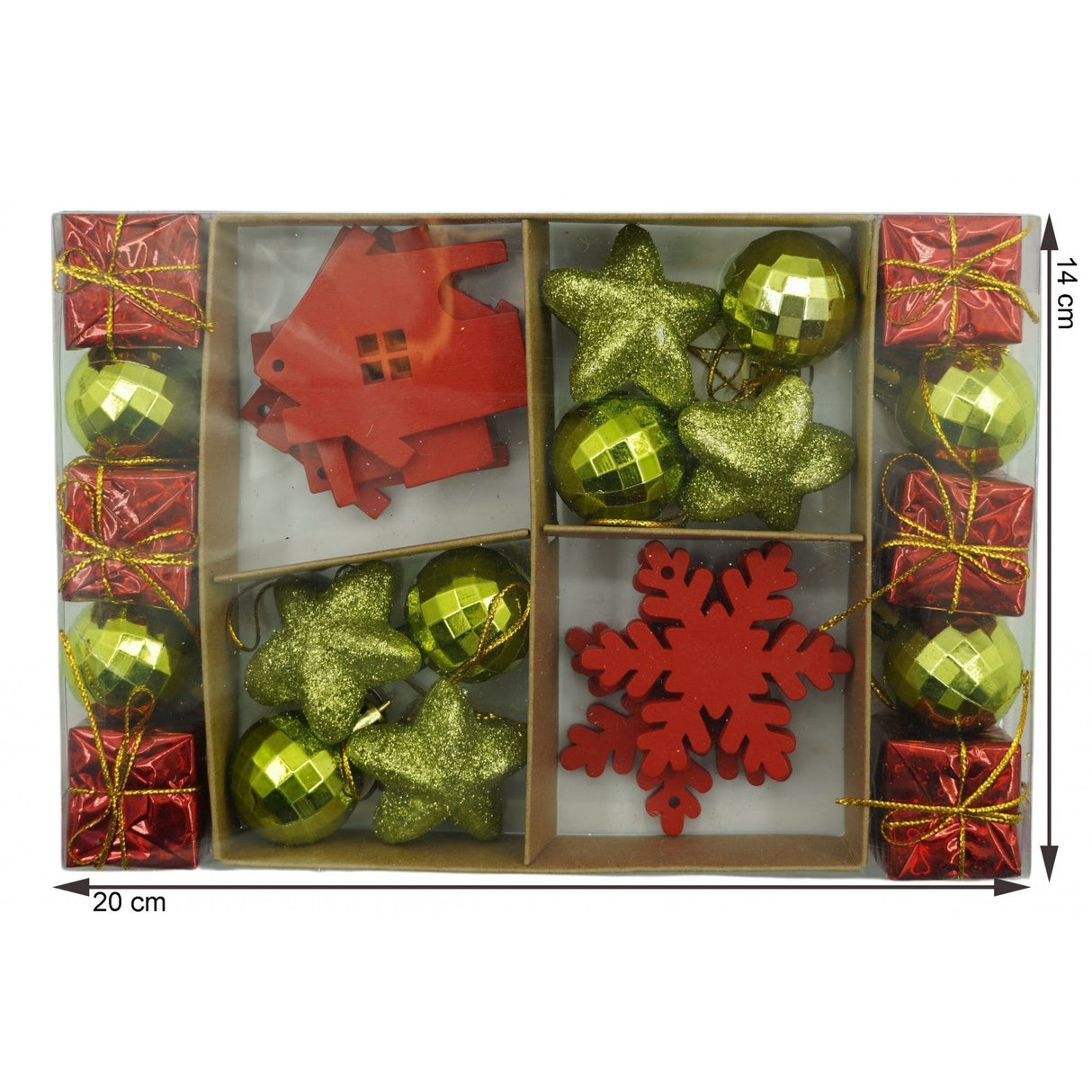 Set de 24 ornamente de brad, Vivimall, de tip Glob, Rosu/ Auriu, din polistiren, cu finisaj sclipitor , cutie  3  cm adancime x 20  cm lungime x 14  cm inaltime - vivimall.ro