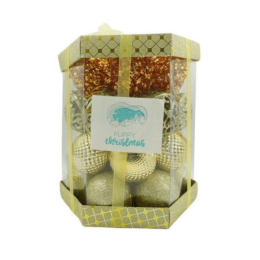 Set de 28 ornamente de brad, Vivimall, de tip Glob, Cupru/ Auriu, din polistiren, cu finisaj sclipitor , cutie  18  cm adancime x 22  cm inaltime x 18  cm lungime) - vivimall.ro