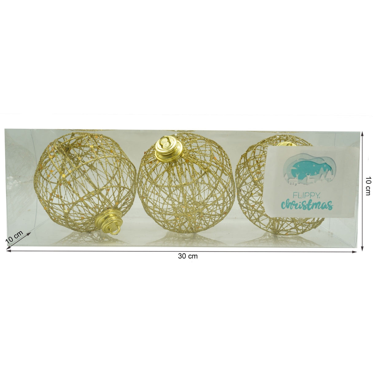 Set de 3 ornamente de brad, Flippy, de tip Glob, Auriu, cu ø de 10 cm, din metal, cu finisaj sclipitor , cutie  10  cm adancime x 30  cm lungime x 10  cm inaltime - vivimall.ro