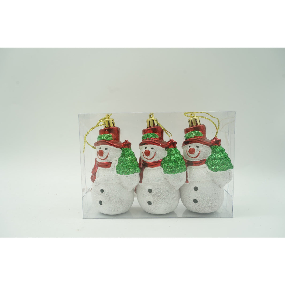 Set de 3 ornamente de brad, Flippy, de tip Om de zapada, Alb/Rosu, din plastic, cu finisaj sclipitor , cutie  4  cm adancime x 6  cm inaltime x 9  cm lungime - vivimall.ro