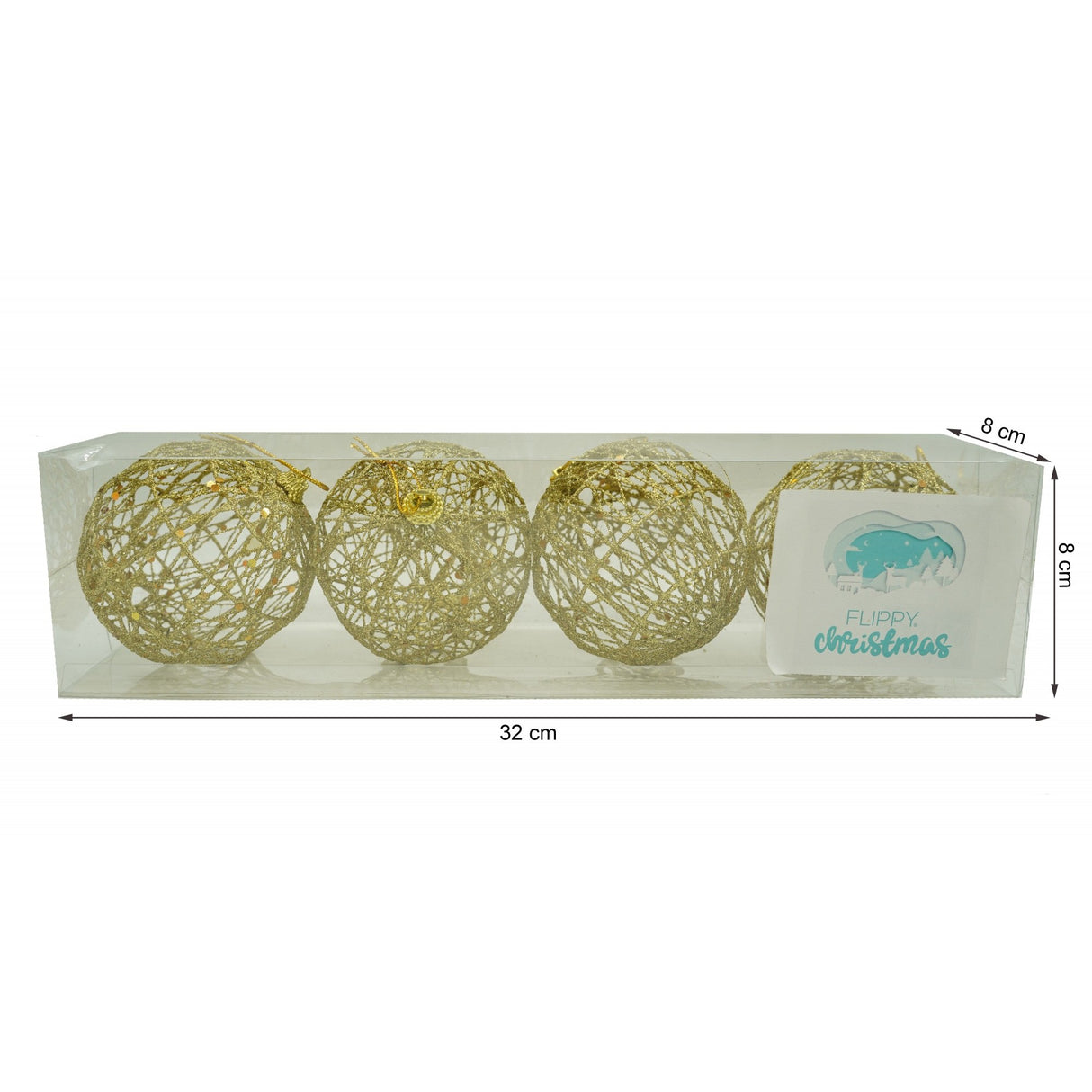 Set De 4 Ornamente De Brad, De Tip Glob, Cu Ã¸ De 8 Cm, Din Metal, Cu Finisaj Sclipitor, Cutie 8 Cm Adancime X 32 Cm Lungime X 8 Cm Inaltime