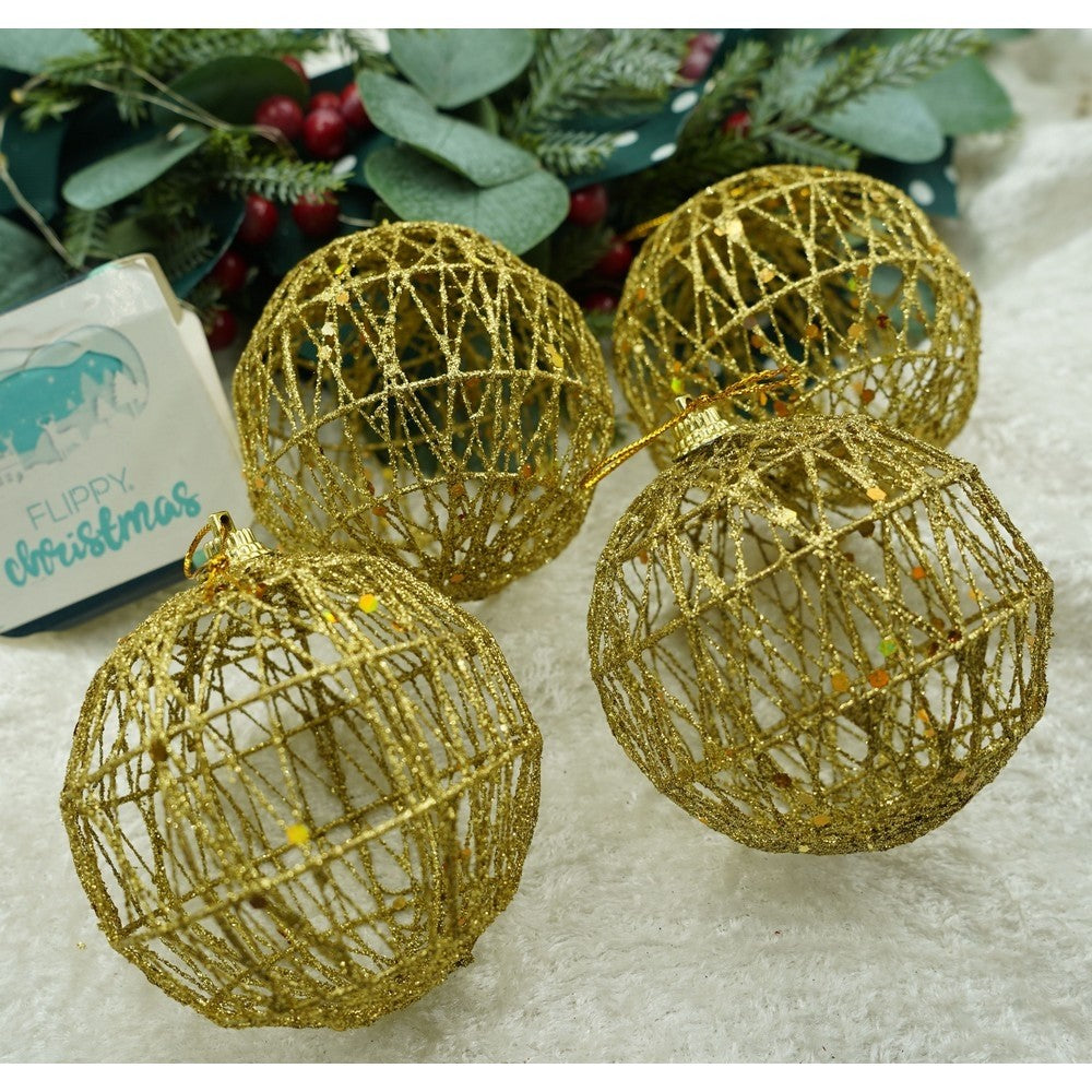 Set De 4 Ornamente De Brad, De Tip Glob, Cu Ã¸ De 8 Cm, Din Metal, Cu Finisaj Sclipitor, Cutie 8 Cm Adancime X 32 Cm Lungime X 8 Cm Inaltime
