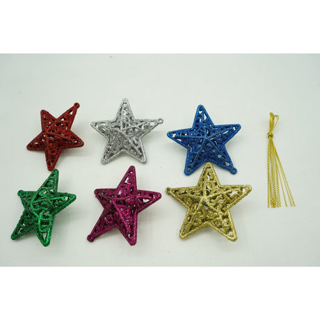 Set de 6 ornamente de brad, Flippy, de tip Stea, Multicolor, din plastic, cu finisaj sclipitor , cutie  3  cm adancime x 31  cm lungime x 9  cm inaltime - vivimall.ro