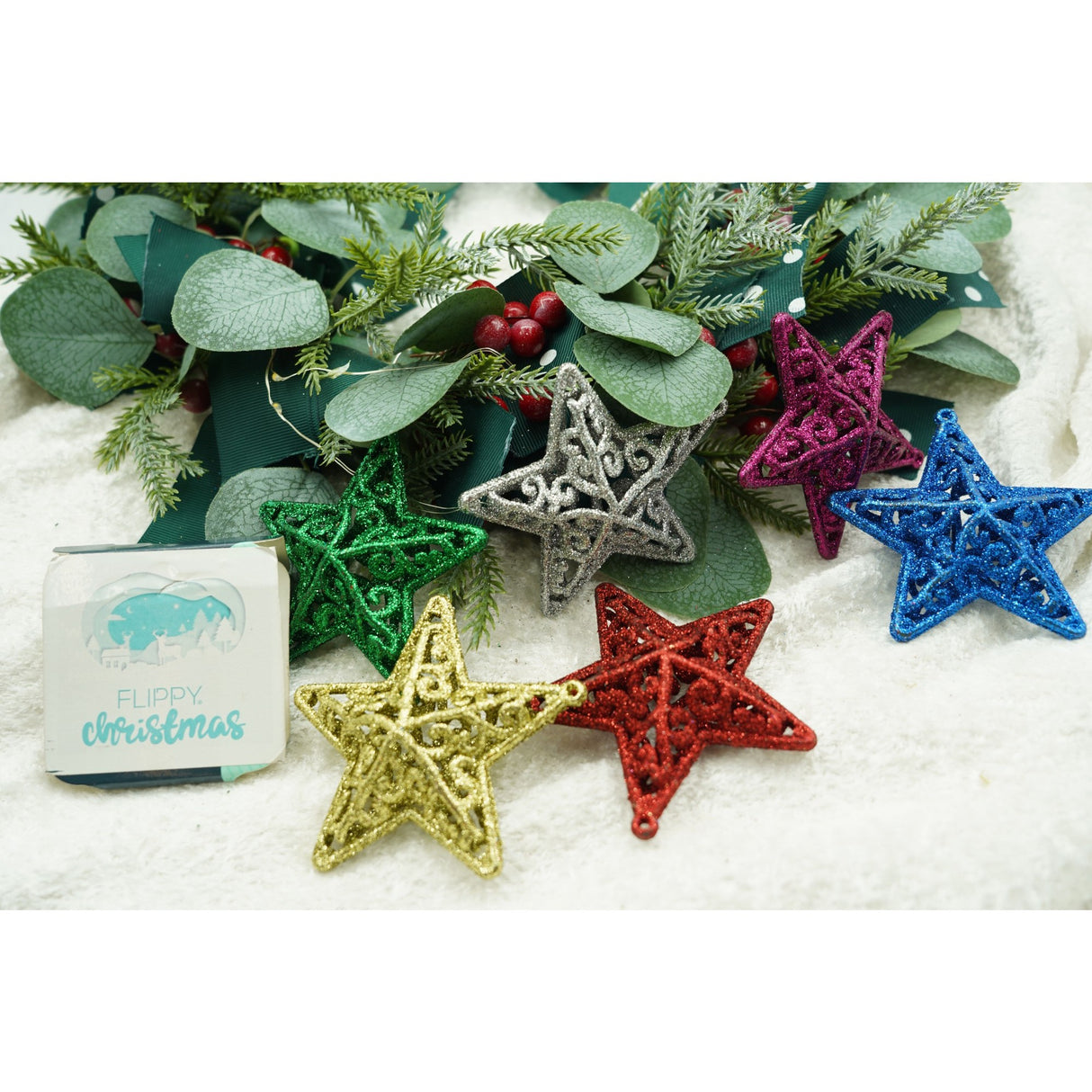 Set De 6 Ornamente De Brad, De Tip Stea, Din Plastic, Cu Finisaj Sclipitor, Cutie 3 Cm Adancime X 31 Cm Lungime X 9 Cm Inaltime